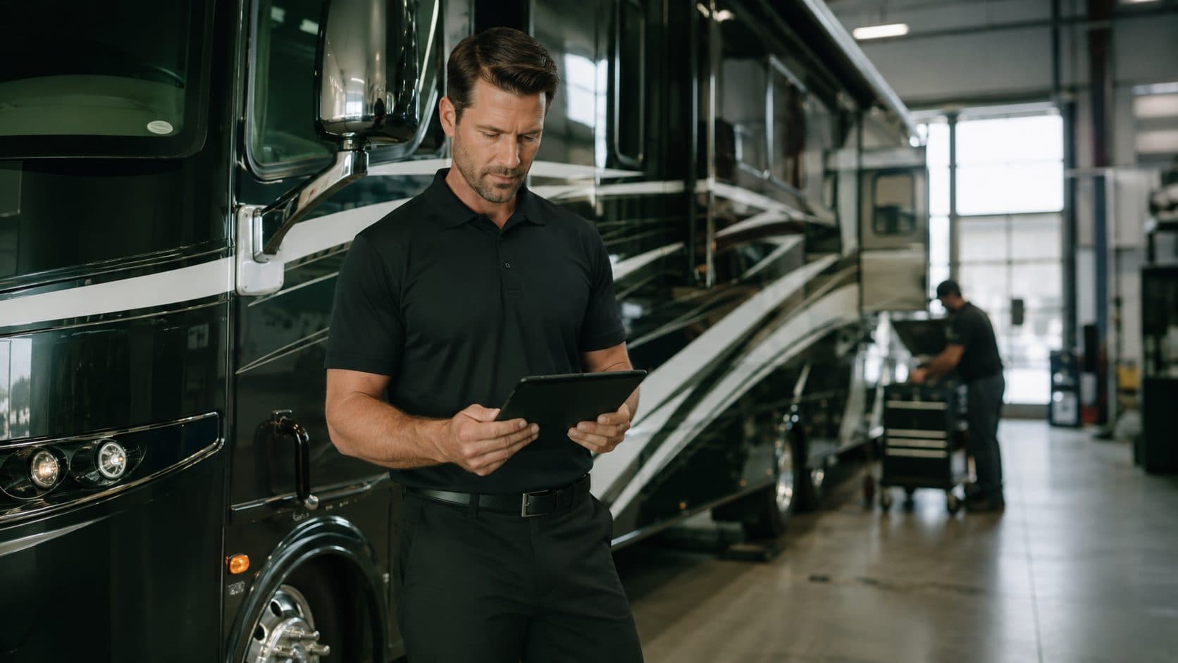Service advisor coordinating RV service on a tablet in a service facility.